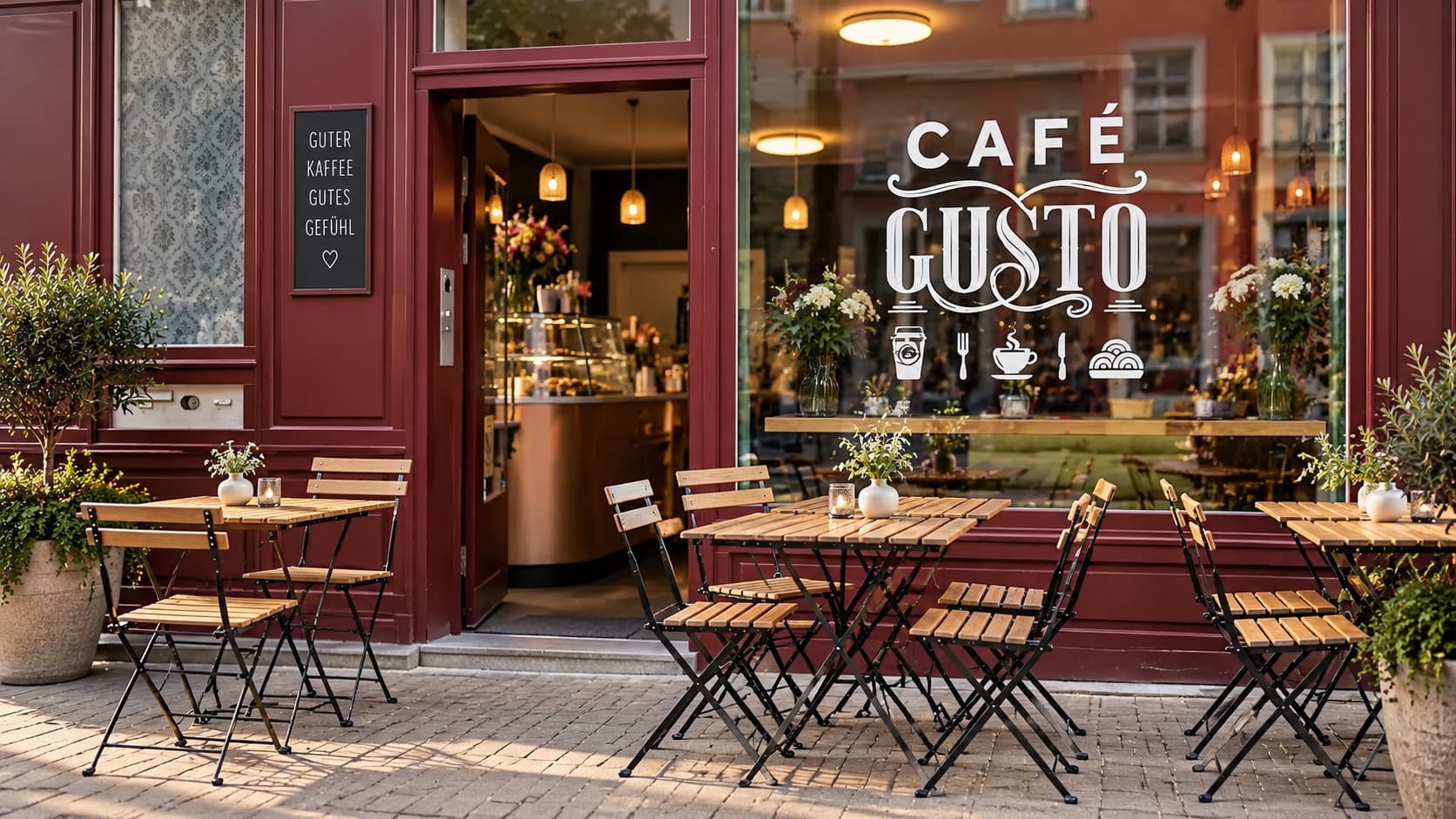 Bordeauxrote Fassade von Café Gusto in der Kürschnergasse in Erfurt mit Tischen auf der Terrasse
