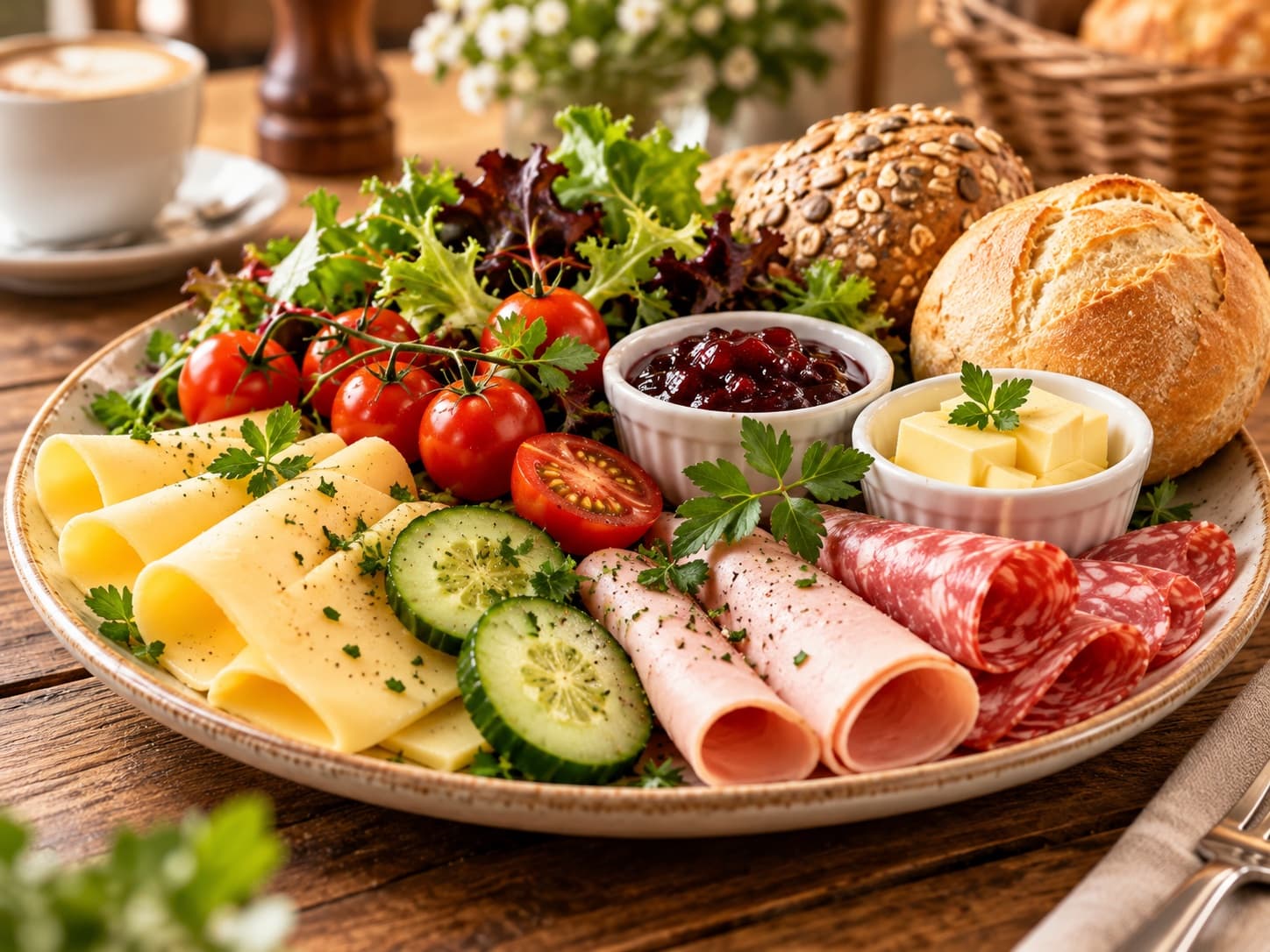 Herzhaftes Frühstück im Café Gusto Erfurt – Brot oder Brötchen, Butter, Gouda, Geflügelaufschnitt oder Rindersalami, Salat, Marmelade