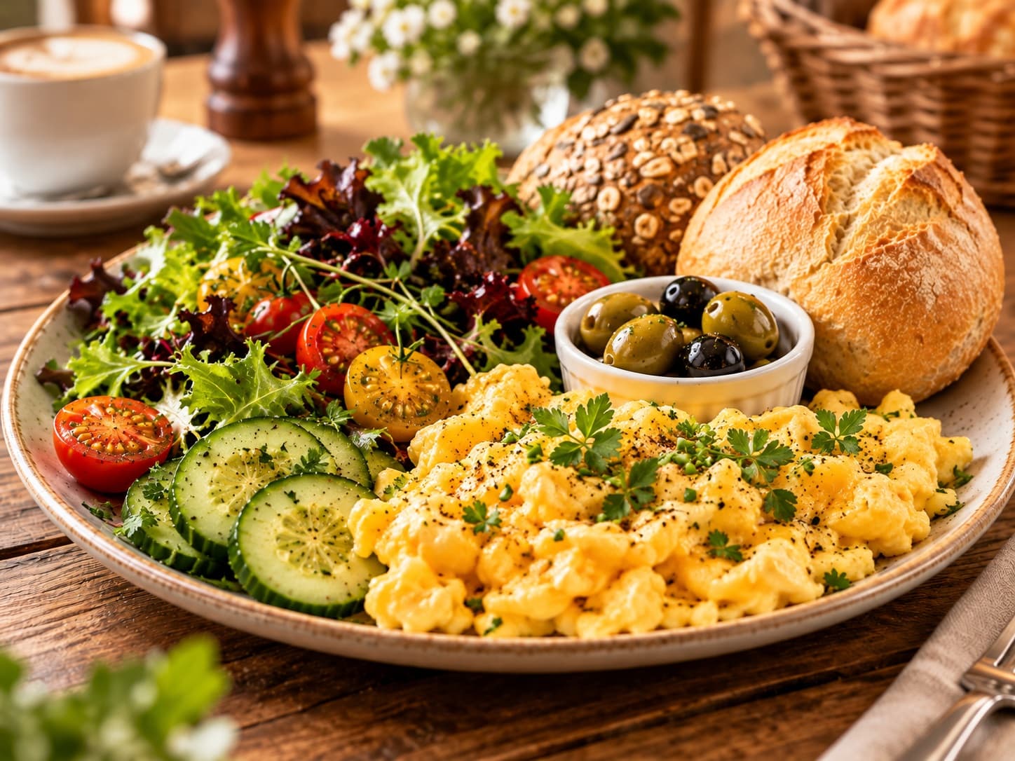 Rührei / Spiegelei – Drei Eier, zwei Brotscheiben oder Brötchen, Beilagensalat, Oliven, Tomaten und Gurken