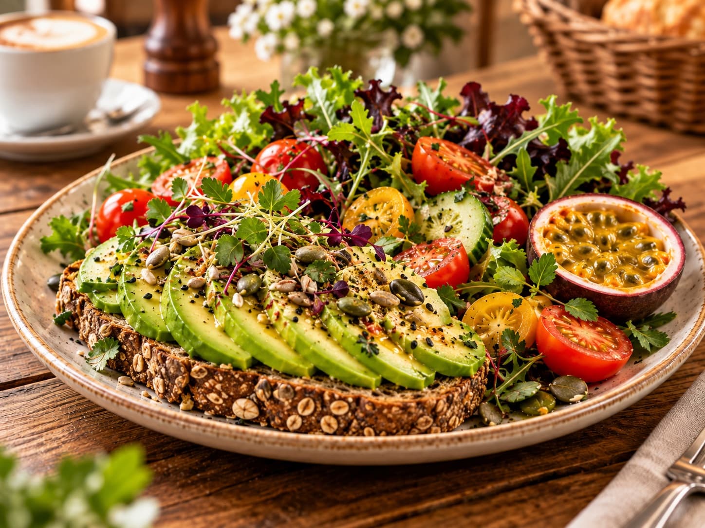 Veganes Frühstück im Café Gusto Erfurt – Avocado-Stulle, bunte Cocktailtomaten, Brot, Beilagensalat, Passionsfrucht