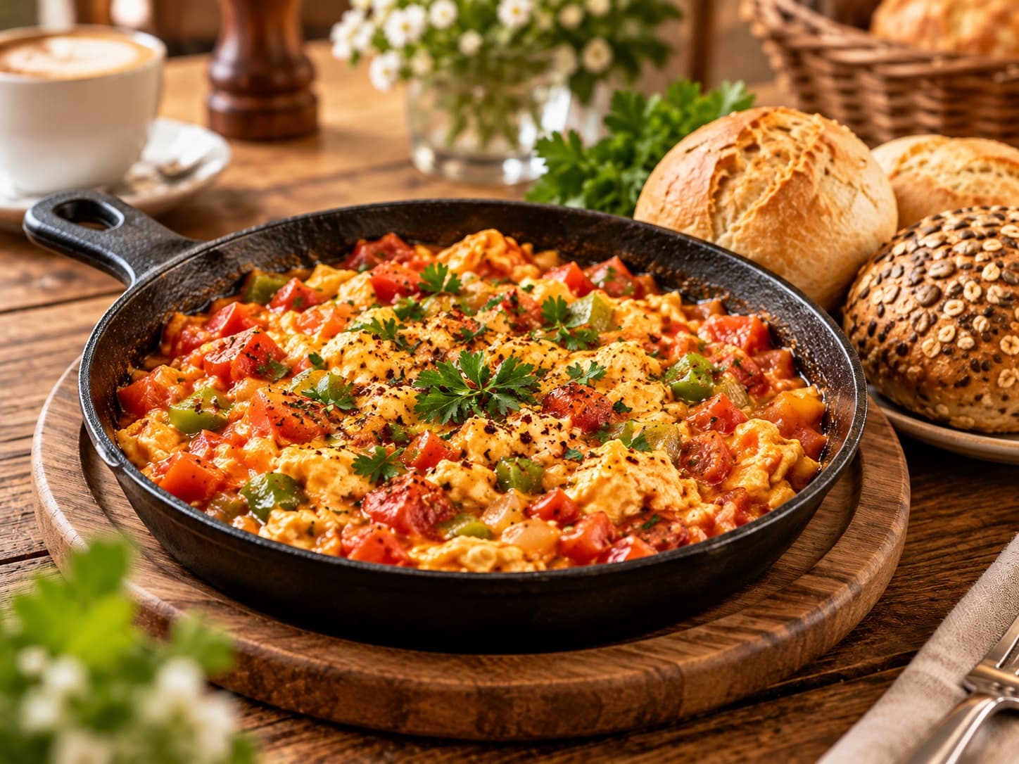 Menemen im Café Gusto Erfurt – In der Pfanne: Eier, Tomaten, Paprika, Butter und Gewürze – mit 3 Brötchen