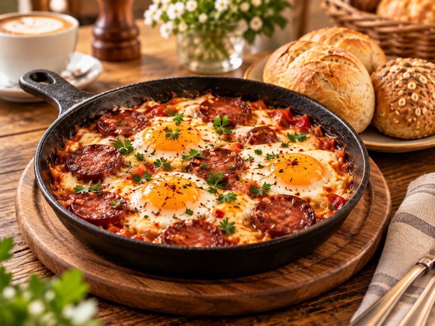 Sucuk mit Ei im Café Gusto Erfurt – 3 Eier mit würziger Sucuk aus der Pfanne, Butter – mit 3 Brötchen