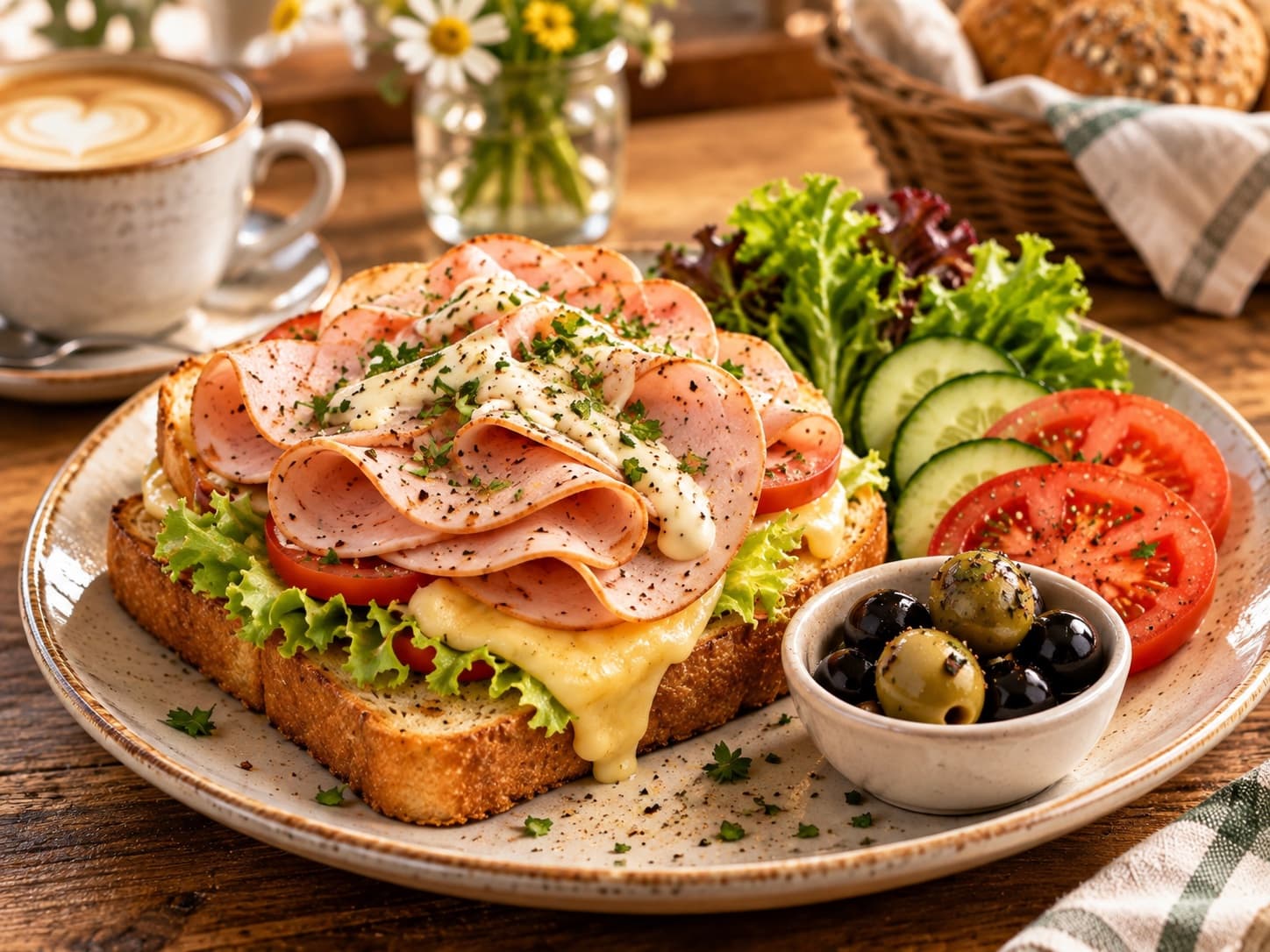 Chicken-Toast – Zwei Brioche-Scheiben, Eisbergsalat, Tomaten, Gouda, Remoulade und Geflügelsalami