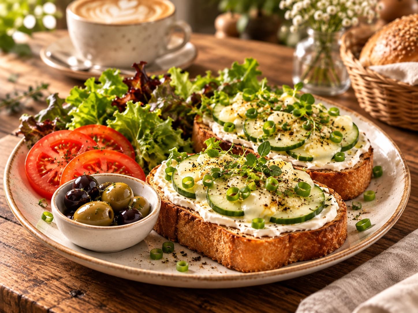 Veggie-Toast – Zwei Brioche-Scheiben, Frischkäse, Gurke, Lauchzwiebeln, Mozzarella, Salz und Pfeffer