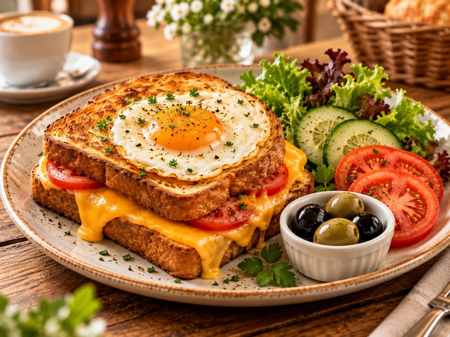 Chef-Toast mit Spiegelei und Cheddar auf Brioche im Café Gusto